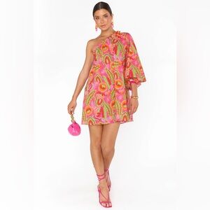 Show Me Your Mumu High Volume Mini Pink Green Dress Sz S Tropical One Shoulder
